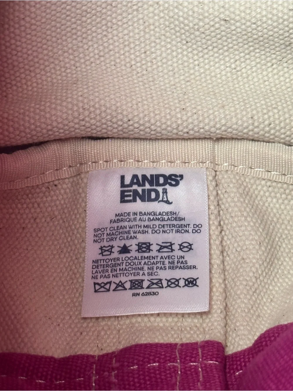 Lands' End White Canvas Tote with Fuchsia Trim and Handles